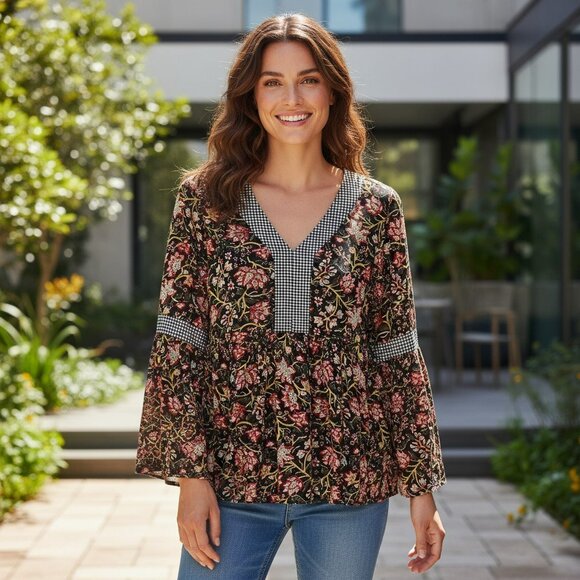 Style & Co Womens Small Black Mixed Print Floral Long Bell Sleeve Top Size S - Picture 1 of 10